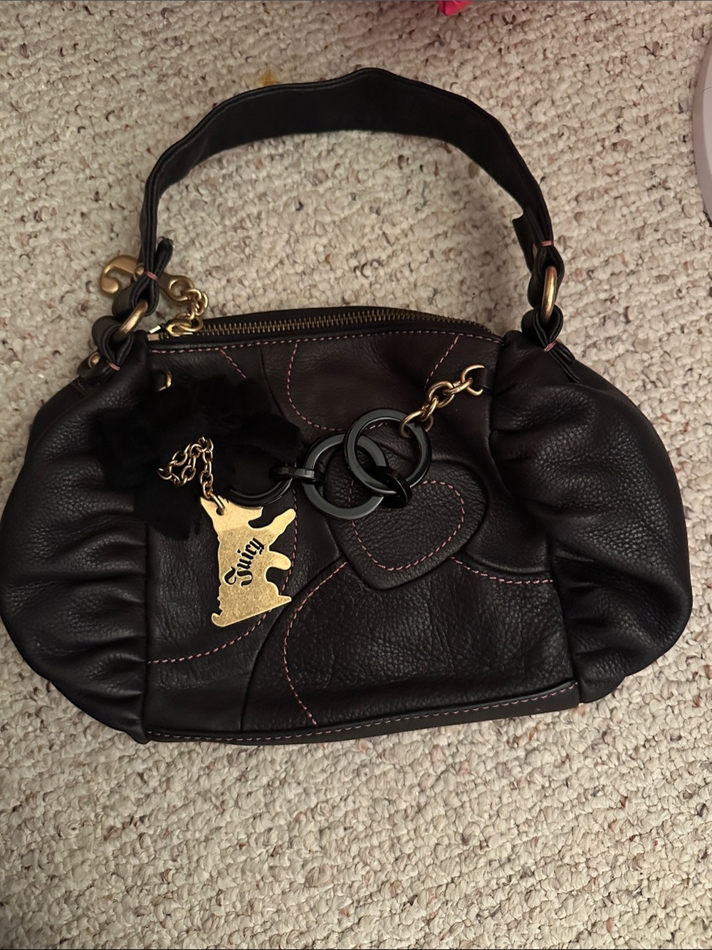 Juicy Couture Dark Black Leather Heart Detail Shoulder Bag with Gold Charm
